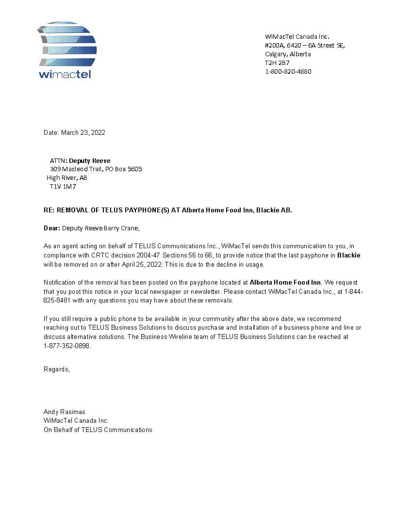 Letter detailing the removal of TELUS payphones.
