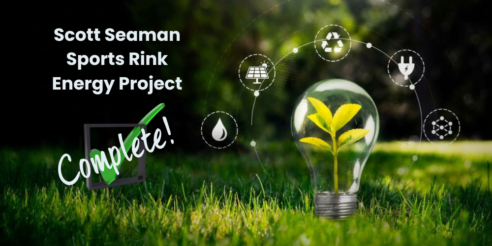 Picture with green energy symbols announcing SSSR energy project completion