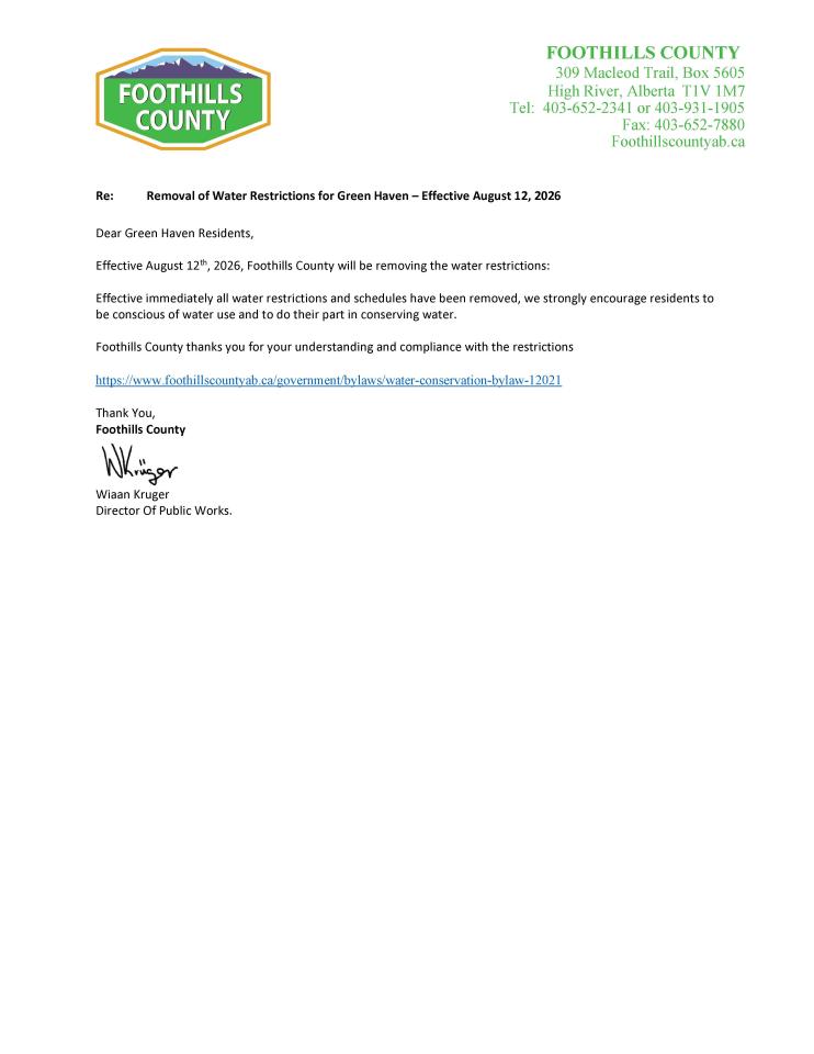 Letter from FC removing water restriction for Green Haven